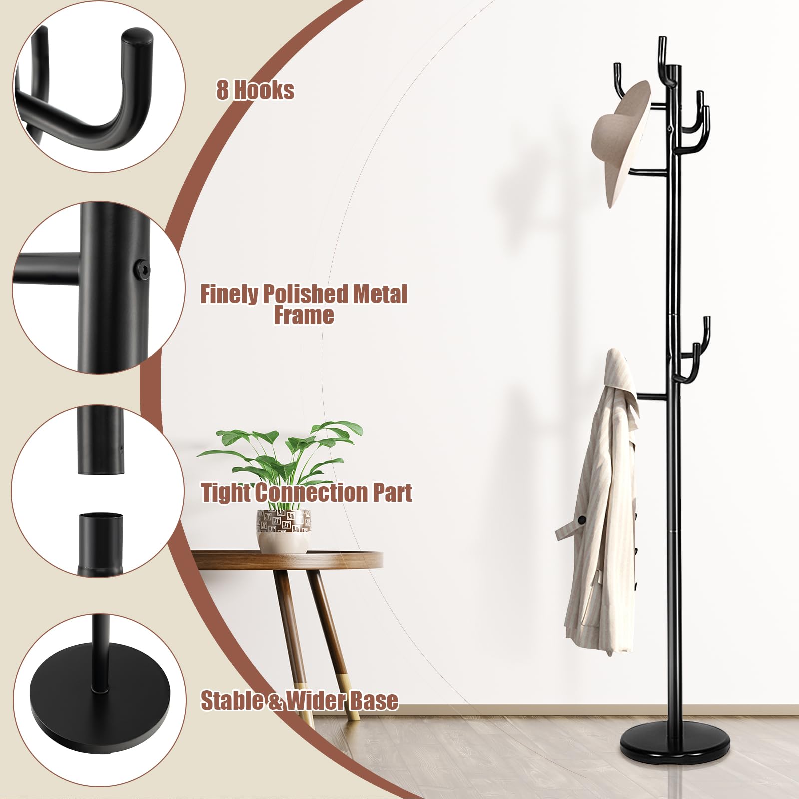HOMASIS Attaccapanni da Terra da Pavimento, Appendiabiti in Ferro, Stand Appendiabiti da Terra per Ingresso, Corridoio, Salotto, Mobile Porabiti per Cappotti con 8 Ganci, Altezza 175 cm, Nero