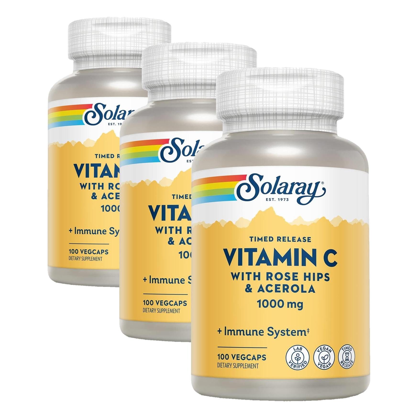 SOLARAY Vitamin C 1000mg - Time Release Vitamin C Capsules w/Rose HIPS and Acerola for Bioflavonoid Support - Two-Stage, All-Day Immune Support - Vegan, 60 Day Guarantee (Pack of 3) 100 Count (Pack of 3)