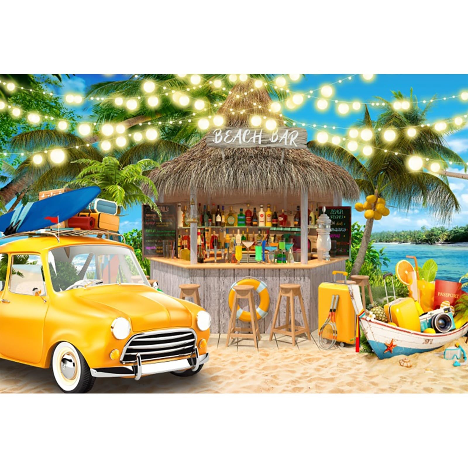 YongFoto 2,2x1,5m Sommer-Strand-Kulisse Bar Auto Bote Árbol de Coco Brillantina Tropical Fondo para fotografía Vacaciones Hawai Cartel de cumpleaños para niños Boda Ducha Nupcial Camping Foto Prop