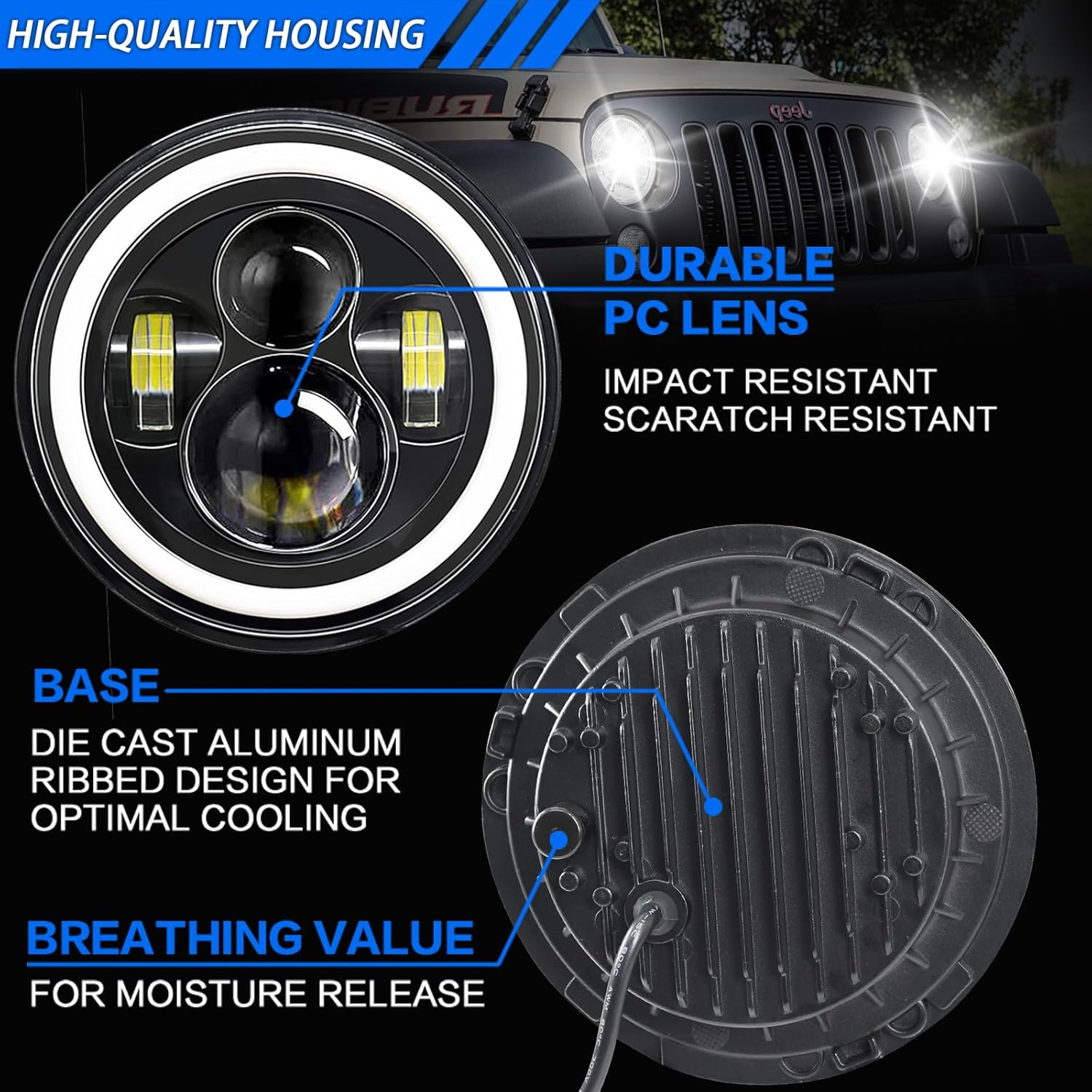 Round LED Headlights with Halo – 2PCS 7 Inch 6000LM Headlamp for Jeep Wrangler TJ JK CJ, Offroad Lights with DRL White Angel Eyes & Amber Turn Signal, IP67 Waterproof, H4 to H13 Adapter, Plug & Play