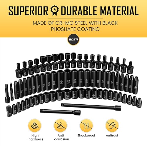 Miniatura 7 de BOEN Juego de llaves de impacto de 14", 72 piezas SAE estándar (316-916 pulgadas) y tamaño métrico (0.157-0.591 in), juego de llaves giratorias de