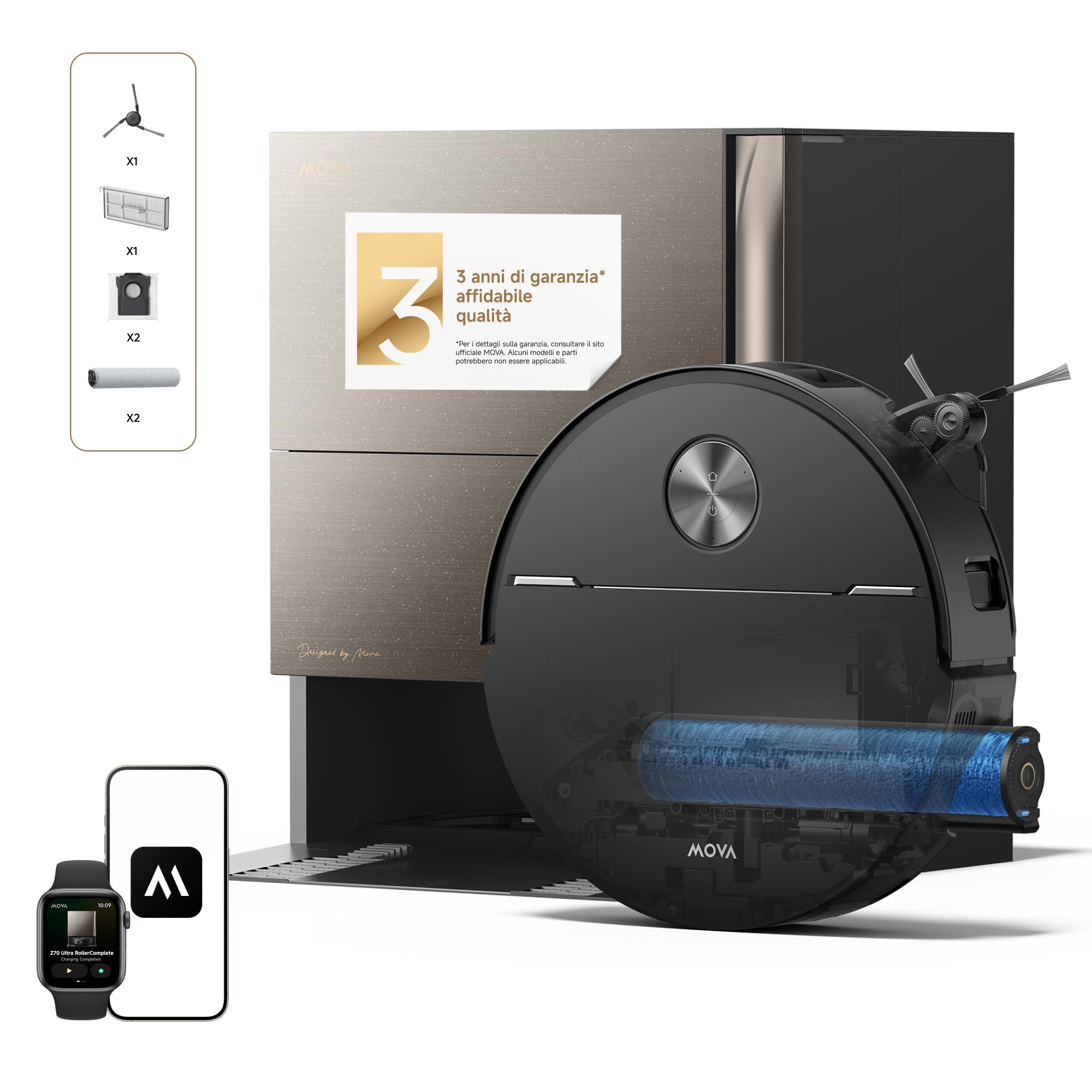 MOVA Z70 Ultra Roller Complete Robot aspirapolvere, HydroForce 2.0 18 N, 36.000 Pa, antigroviglio, estensione spazzola e rullo, ostacoli fino a 9 cm, tecnologia AutoShield, lavaggio del mocio a 100 °C