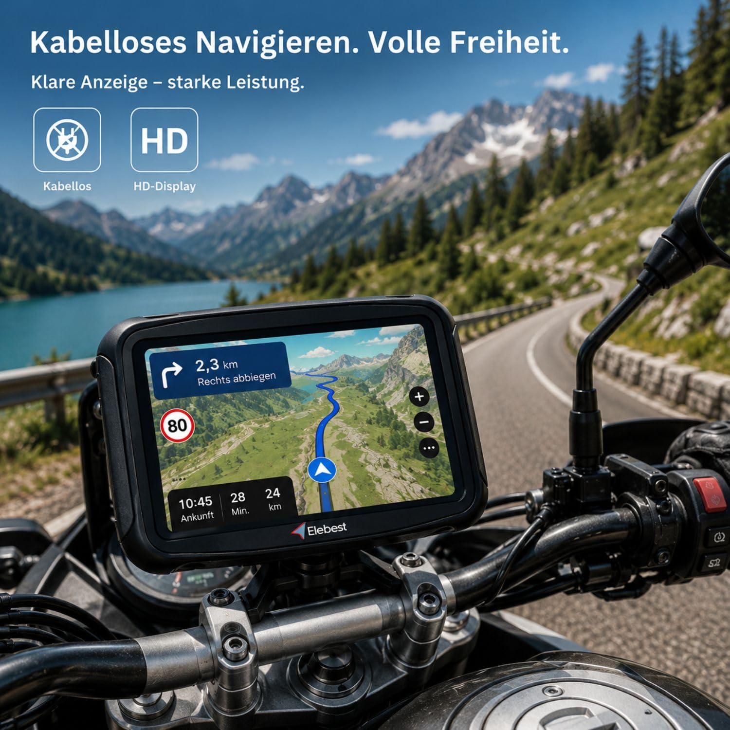 Elebest Motorrad-Navi C650 – Wasserdichtes 5" Navigationssystem mit Wireless CarPlay & Android Auto, Bluetooth, FM-Transmitter & Touchscreen für Motorrad & Auto
