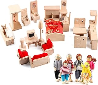 5 Set Dollhouse Furniture Accessories Wooden Bathroom/Living Room/Dining Room/Bedroom/Kitchen House 6 Family Doll Decoration Pretend Play Kids Girls Toys 40 Pcs