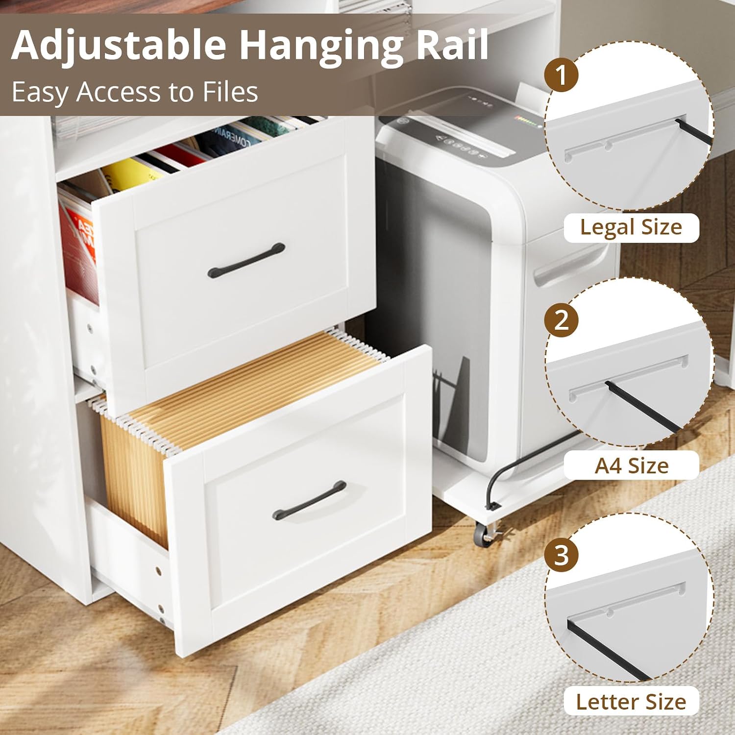 File cabinet drawers with adjustable hanging rails for Legal, A4, and Letter size files