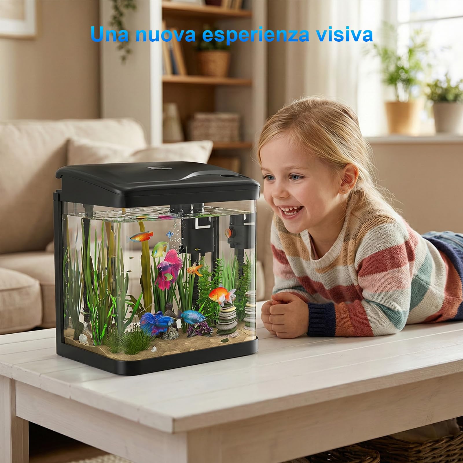 Acquario in Vetro Acquario Completo Acquarios Per Pesci Rossi,con Illuminazione a LED e Sistema di Filtraggio,15 Litri,Nero,Set Per Principianti