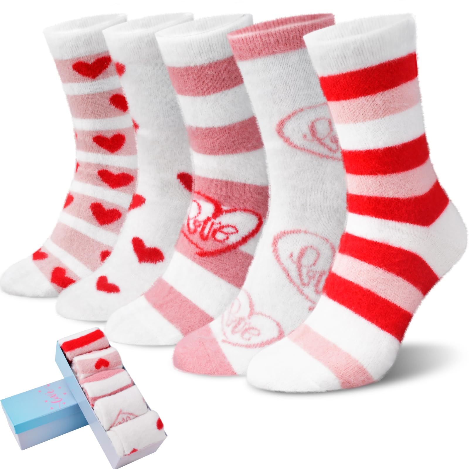 Valentines Day Gift for Her 5 Pairs Pink Fuzzy Cozy Socks Set in Elegant Box Warm Thick Socks Gifts for Her Women Wife, Girlfriend