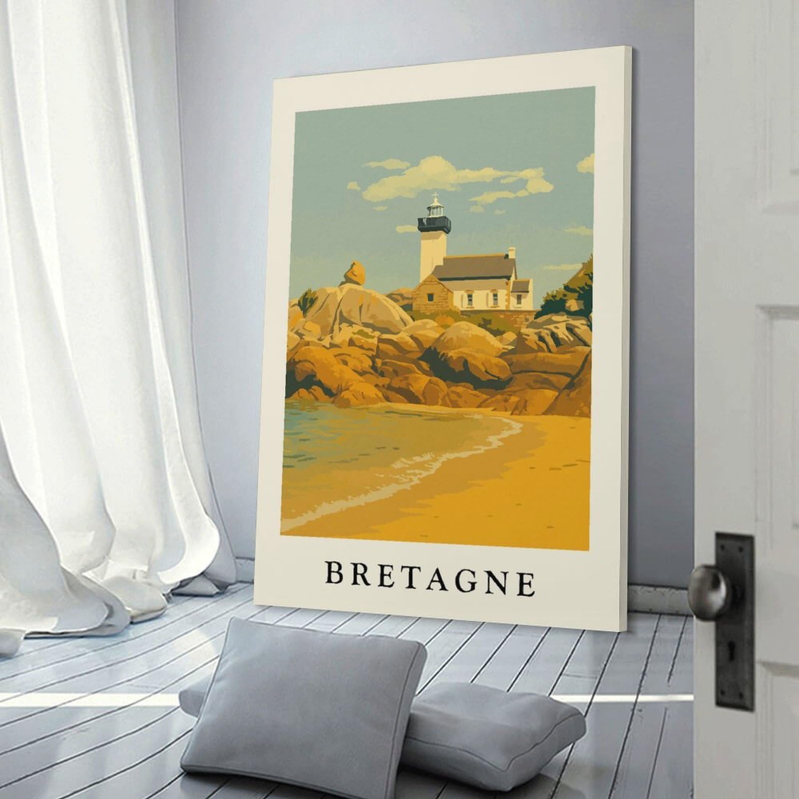 Junmoney Decorative Canvas Print Bretagne Lighthouse Coastal Scene Art Print, 24x36inch(60x90cm), for Living Room, Bedroom Or Home Office, Home Decor Gift with Stylish Appeal