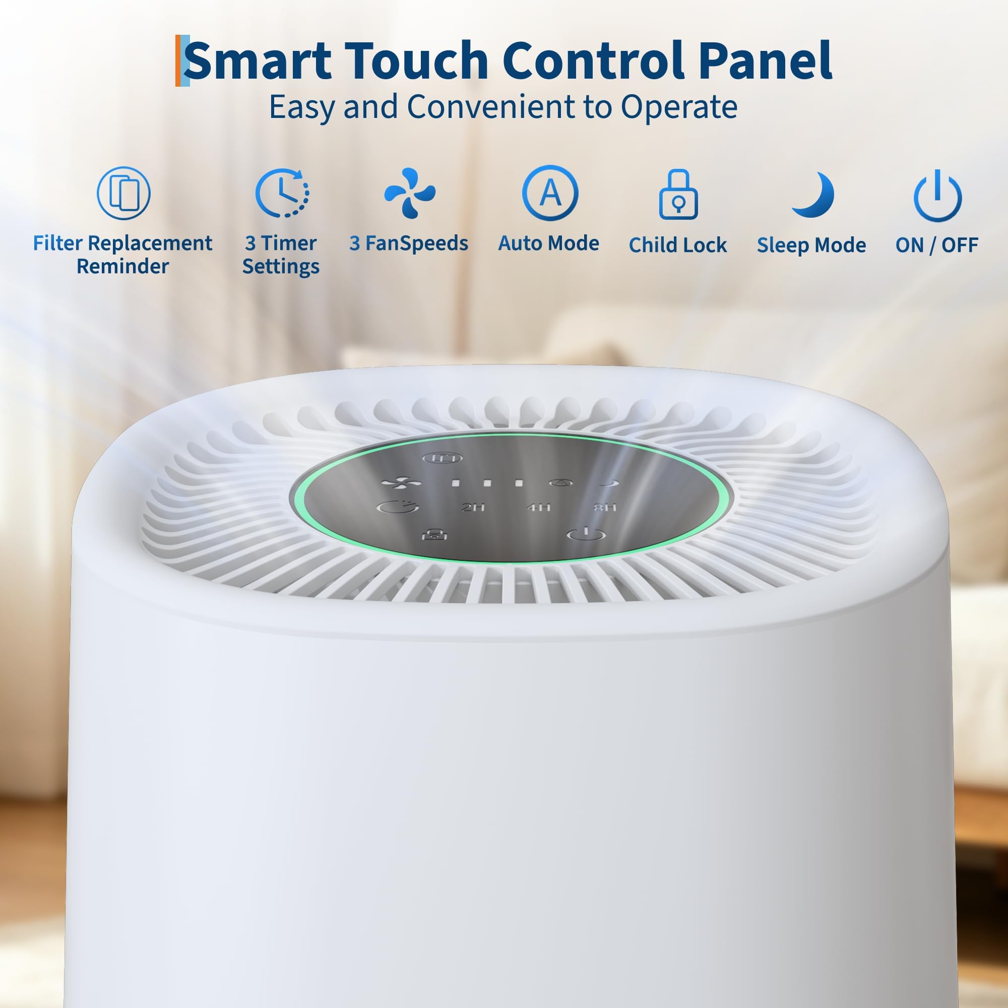 Purificatore d'aria con HEPA + filtro ai carboni attivi, CADR 100 m³/h per fino a 15 ㎡, 5 livelli, modalità automatica, modalità standby 24 dB, timer, sicurezza per bambini, 5 V Type-c USB