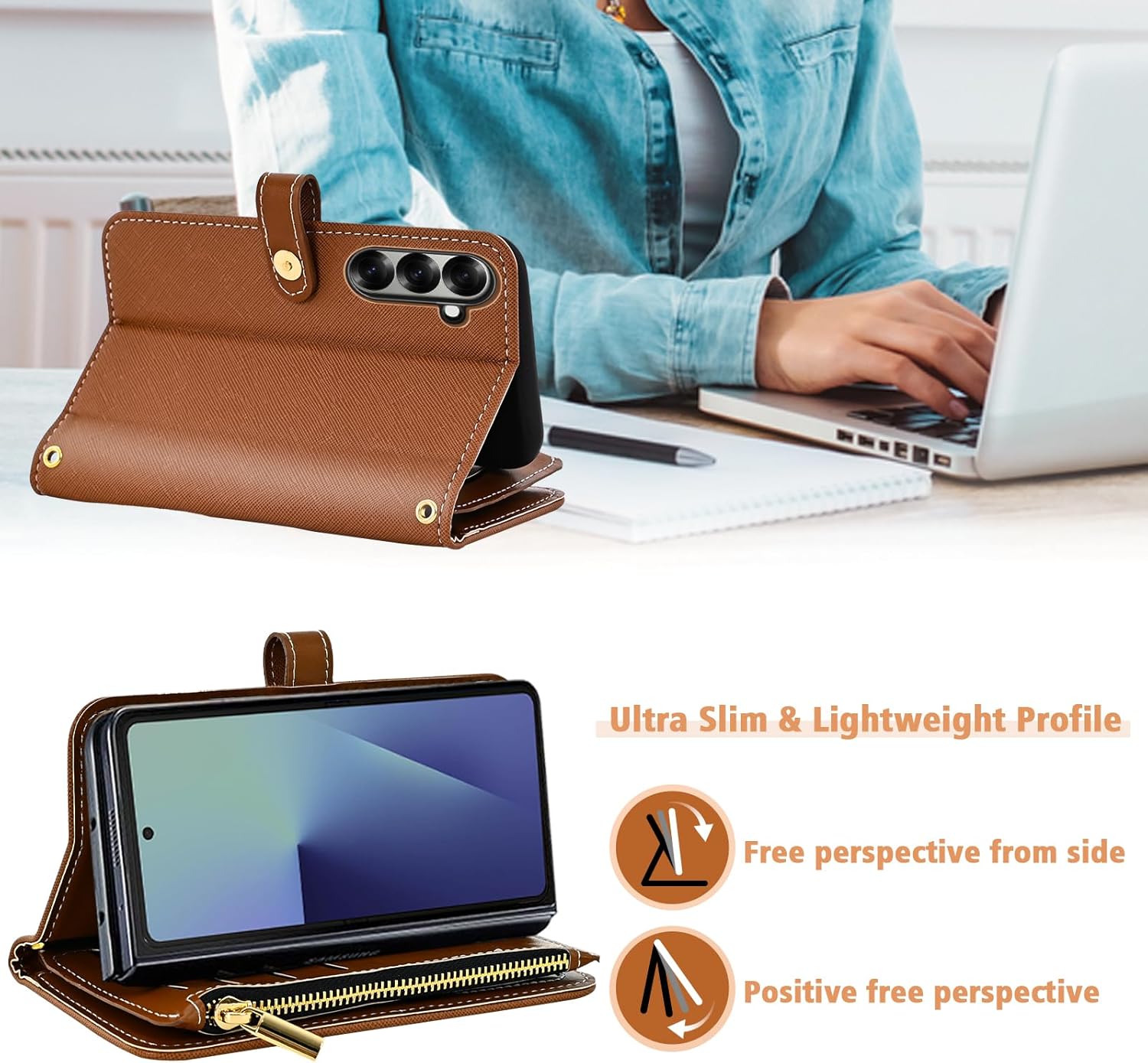 Floral Wallet Case for Samsung Galaxy Z Fold 7 & Wrist/Shoulder Strap Flip Zipper Purse, Luxury PU Leather Credit ID Card Holder Stand Accessories Cell Phone Cover for ZFold Z7 G Fold7 7Z Brown