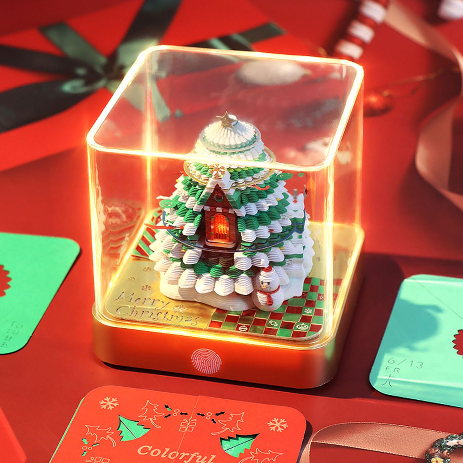 Calendario tridimensional 2026 con luces LED acentuadas en forma de árbol de Navidad, páginas desmontables y soporte acrílico, calendario de escritorio acrílico con luz