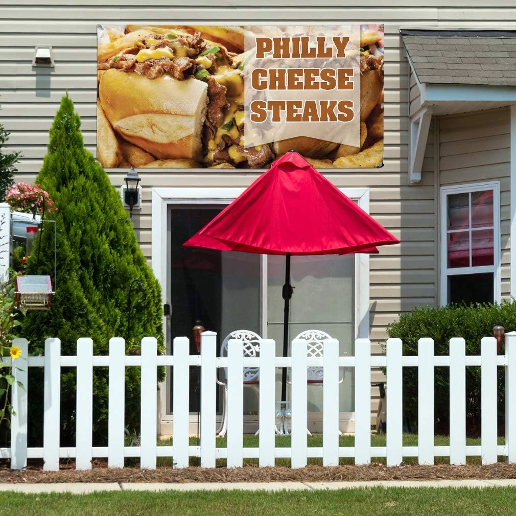 Vinyl Banner Multiple Sizes Philly Cheese Steaks Advertising Printing Restaurant & Food Outdoor Weatherproof Industrial Yard Signs 4 Grommets 16x40Inches