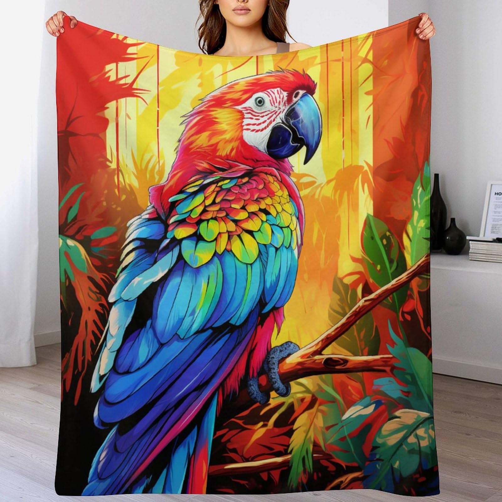 Manta cálida para sofá de salón con estampado de loro, colcha suave para tardes de lectura
