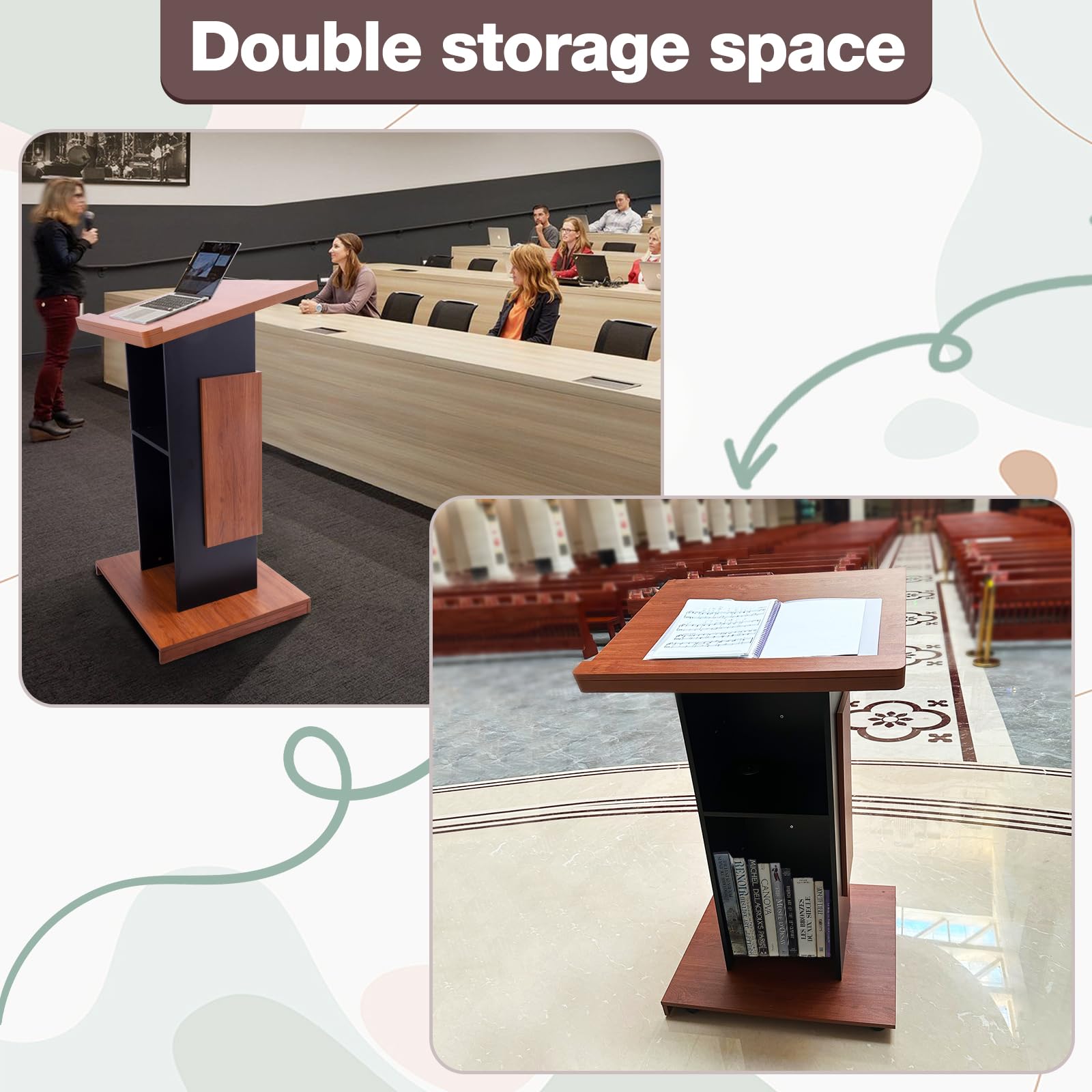 Podiumständer aus Holz mit 4 feststellbaren Rollen, 118 cm großer Rednerpult aus Holz mit Aufbewahrung, Holz-Kanzel mit Drahtloch, für Büro, Schule, Konferenzen, Restaurant, Meeting, Auditorium
