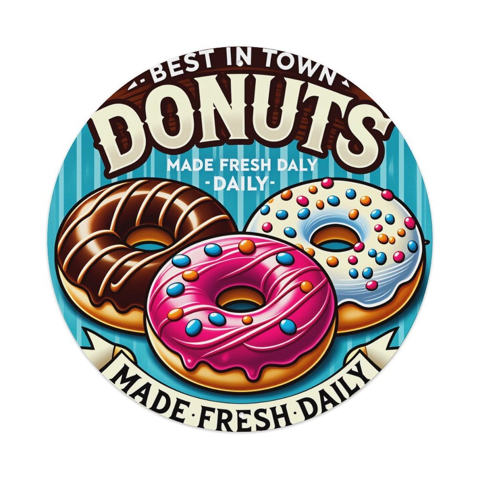 Donuts Chocolate Pink Blue Sprinkles Round Tin Sign Vintage Style Metal Sign Home Bar Garden Wall Plaque Decor Metal Poster 8x8 Inch