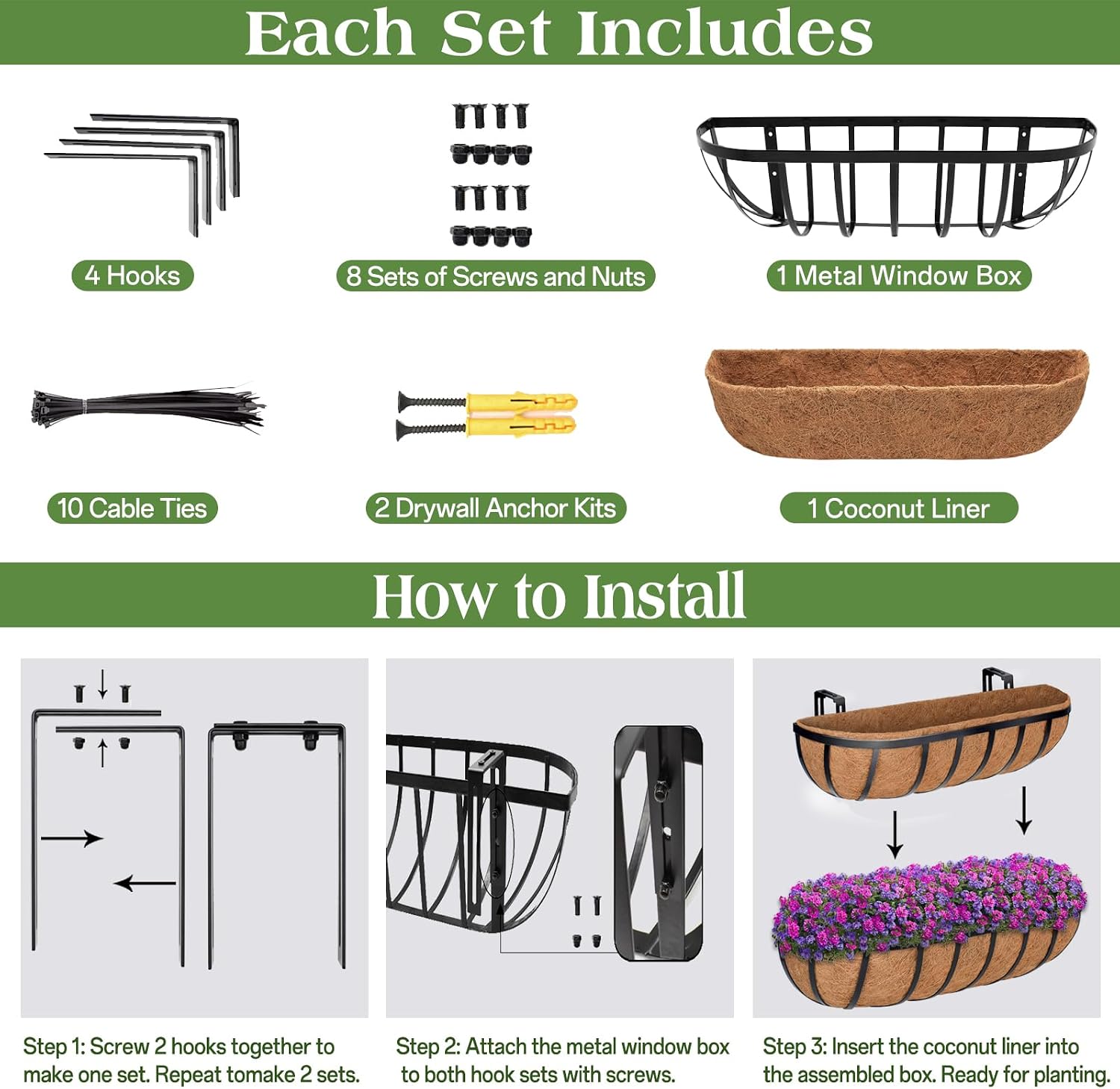 ZeeDix 24 Inch Railing Planter Box, 2 Pack Metal Window Boxes with Coco Liners for Railing, Hanging Flower Boxes for Deck Porch Balcony & Fence Outdoor Indoor Lawn