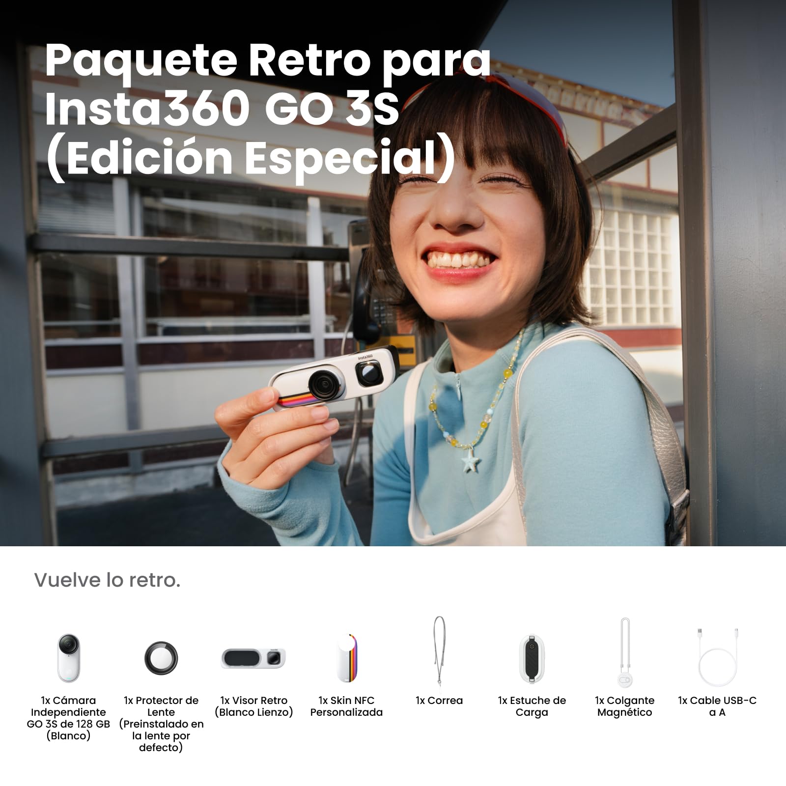 Insta360 GO 3S Paquete Retro Edición Especial 128GB Blanco - Cámara Vlog 4K pequeña, Cámara POV Manos Libres, Filtros Retro, 4K30fps, Batería Extra, portátil para imágenes cotidianas
