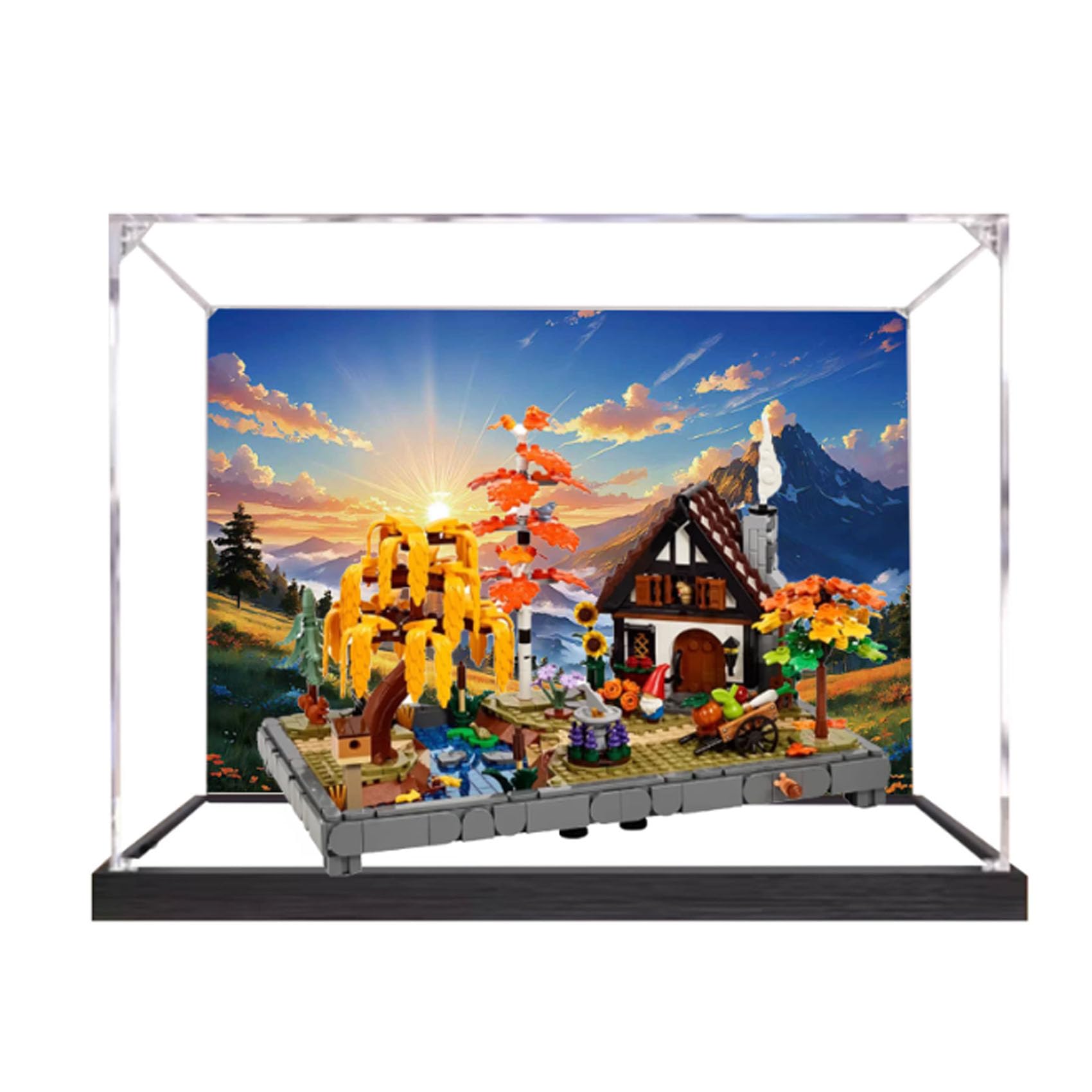 Acrylic Display Case for Le-go 11372 Autumn Cottage Garden Model, Dustproof Display Box (display box only) (StyleC Background 3mm)