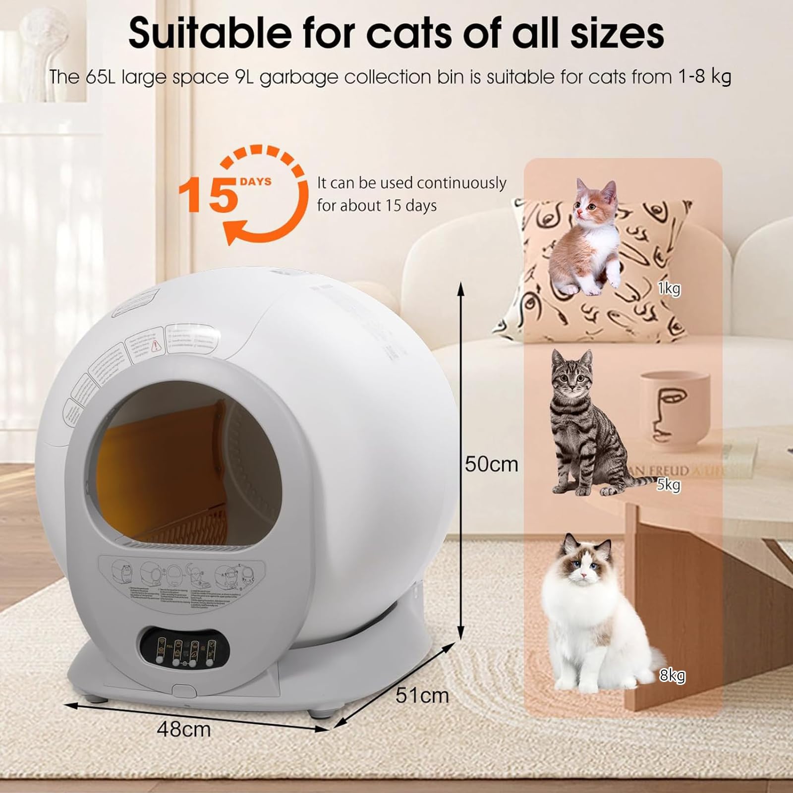 Arenero para Gatos Autolimpiante, Bandeja De Arena Automática, Inodoro para Gatos, Sistema Antiolores, Control De Aplicaciones por WiFi, Gran Capacidad 65L+9L