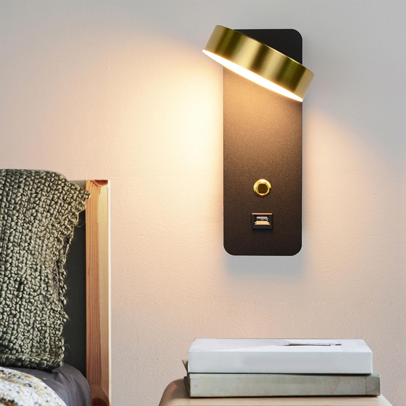 Lampy ścienne LED, Obrotowe Metalowe Kinkiety ścienne, 3 Temperatury Barwowe i Port ładowania USB, Nowoczesny Kinkiet Podłączony na Stałe do Sypialni do Czytania Przy łóżku