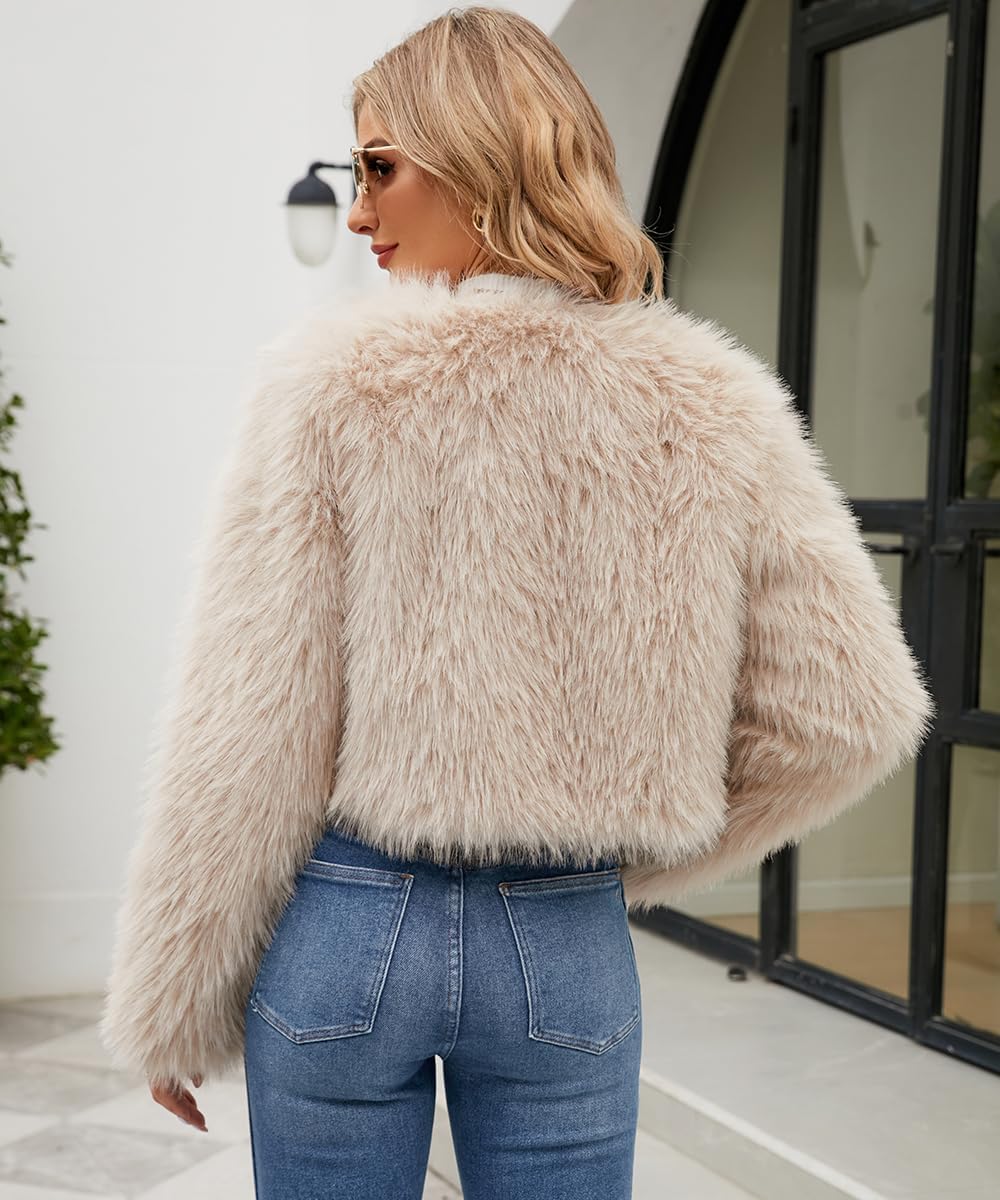 SCOFEEL Women’s Cropped Faux Fur Coat Long Sleeve Open Front Short Jacket Winter Spring Warm Outwear - Image 3