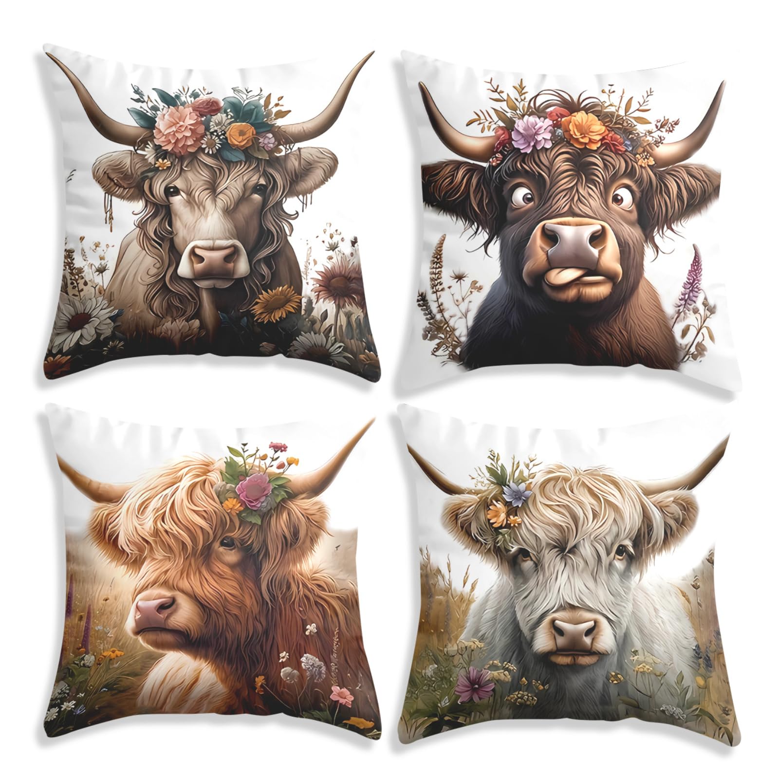 BREASOME Cushion Covers 45 x 45 cm Set of 4 Highland Cow with Garland Cushion Covers Linen Decorative Square Throw Pillow Cases for Sofa Couch Bedroom Living Room