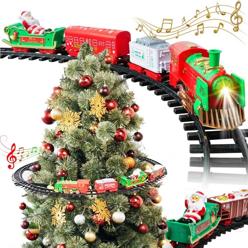 PARTENOPE Trenino Natalizio con Supporto Installazione per Centro Albero di Natale Treno Elettrico 2 Vagoni + Slitta Babbo Natale con Luci e Suoni Decorazioni Natalizie Diametro Pista 89 cm