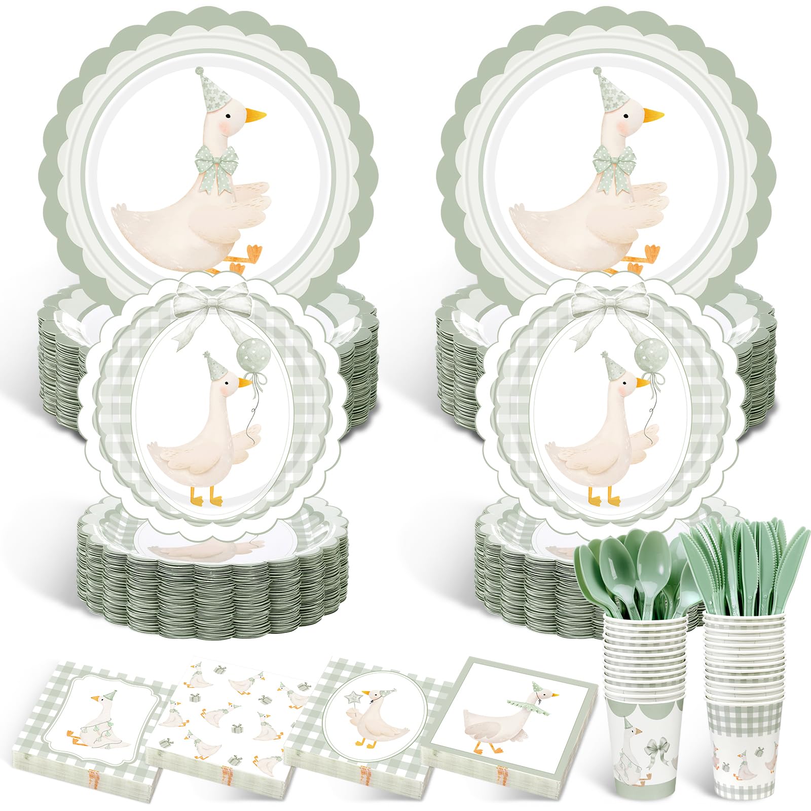 Photo 1 of ** MISSING PIECES***Zhehao 350 Pcs One Silly Goose Birthday Party Tableware Set Sage Green Bow Scalloped Baby Shower Plates Cup Napkins Forks for Birthday Party Decorations Supplies for 50 Guests