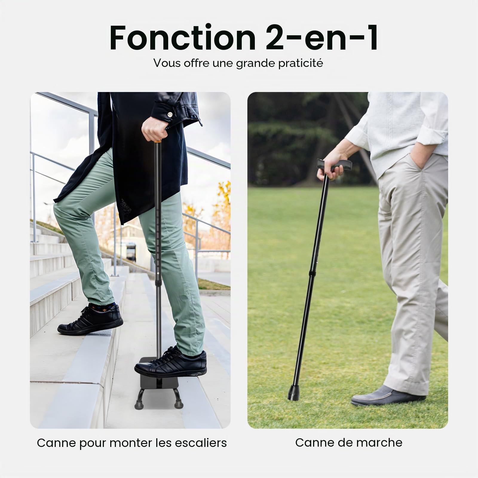 Canne d'escalier réglable en aluminium et fer avec base pour personnes âgées et aide à la mobilité (max. 150 kg)