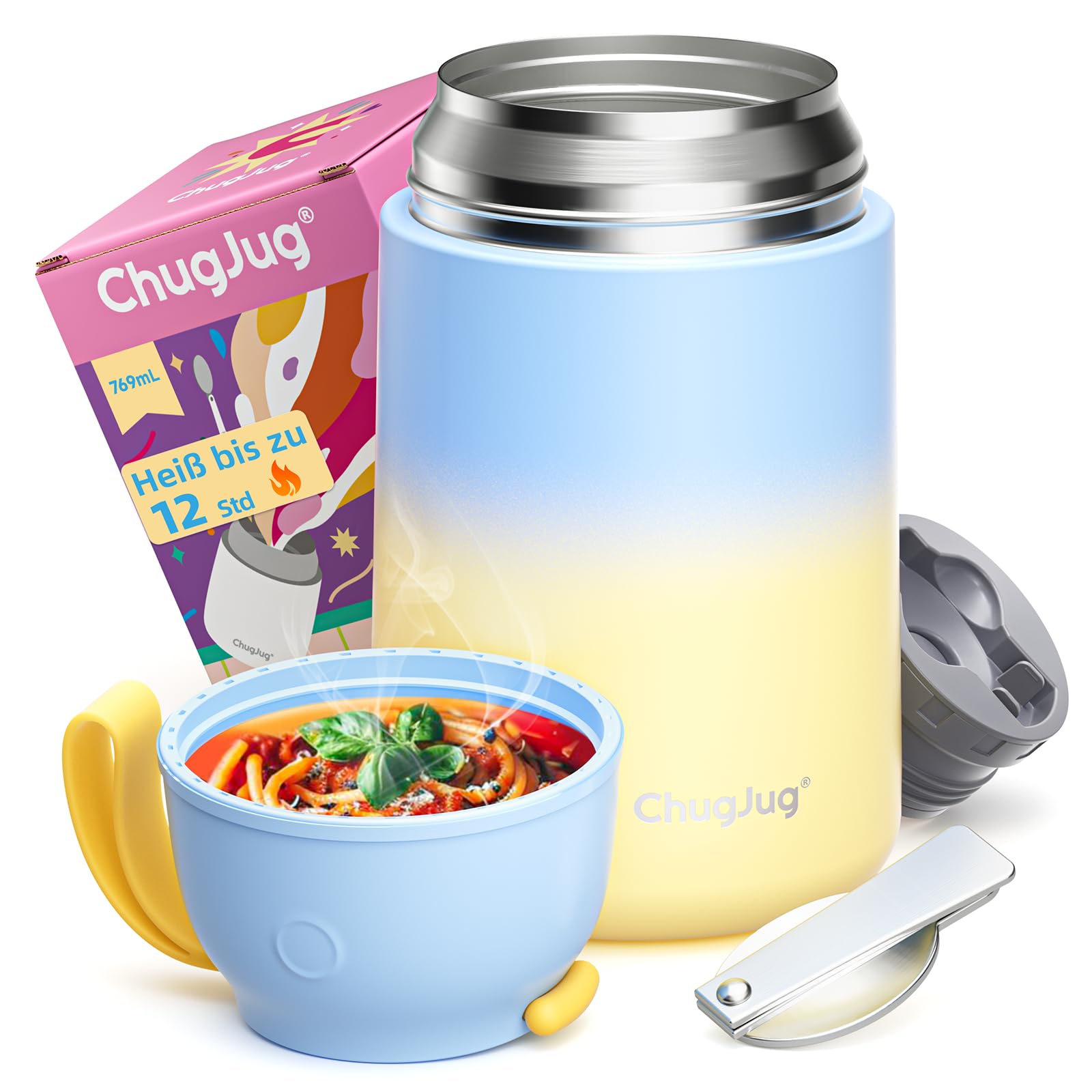 ChugJug Thermobehälter für Essen 750ml, Edelstahl Thermobecher für Essen Warmhaltebehälter mit Löffel, Auslaufsicher Lunchbox, BPA-frei, Thermobox Suppen, Müsli to Go-Hält 12 Stunden Heiß oder Kalt
