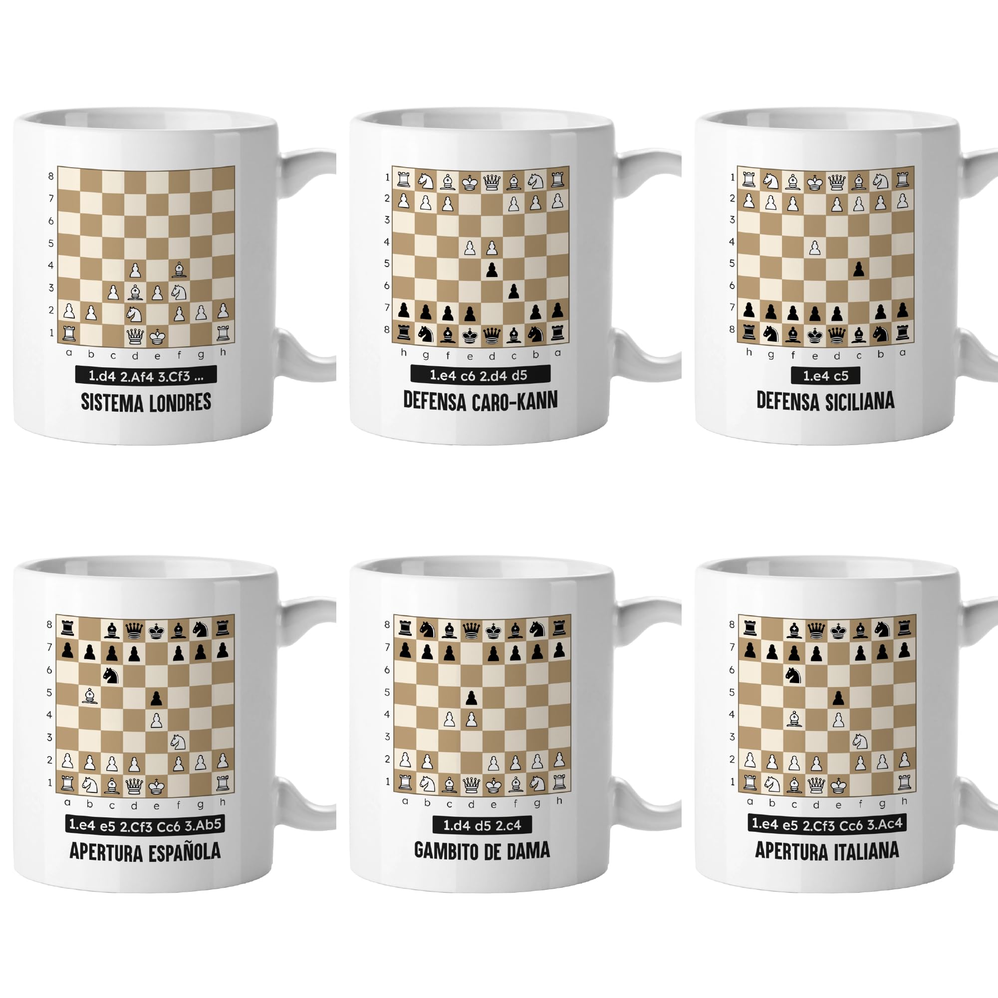 El Kraken Taza Ajedrez, aperturas, tablero, tazas originales, chess, regalo, diseño en ambas caras, Cerámica 330 mL (6 PACK)