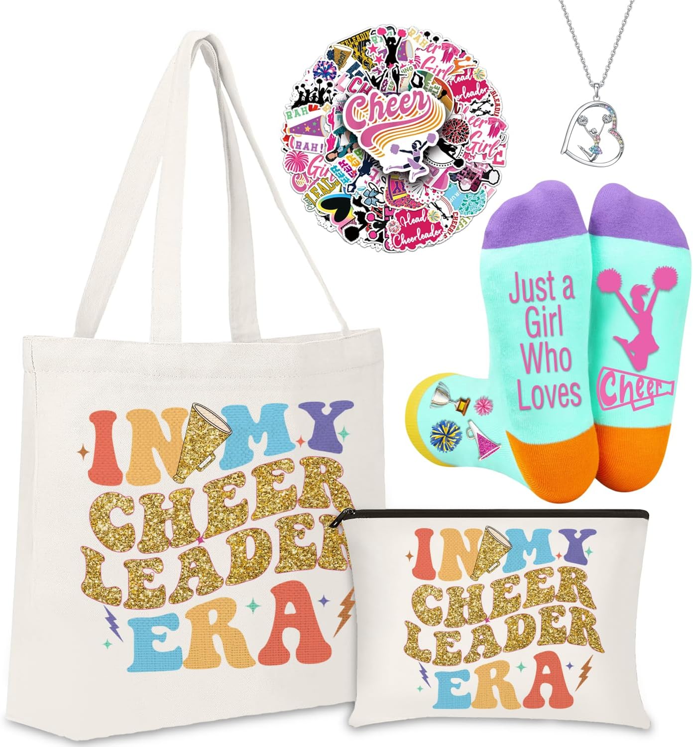 Cheerleader Gifts Set Women Including Cheerleader Makeup Bags Cheerleader Necklace Cheerleading Socks Cheerleader Stickers-Cheerleader Lovers Gifts