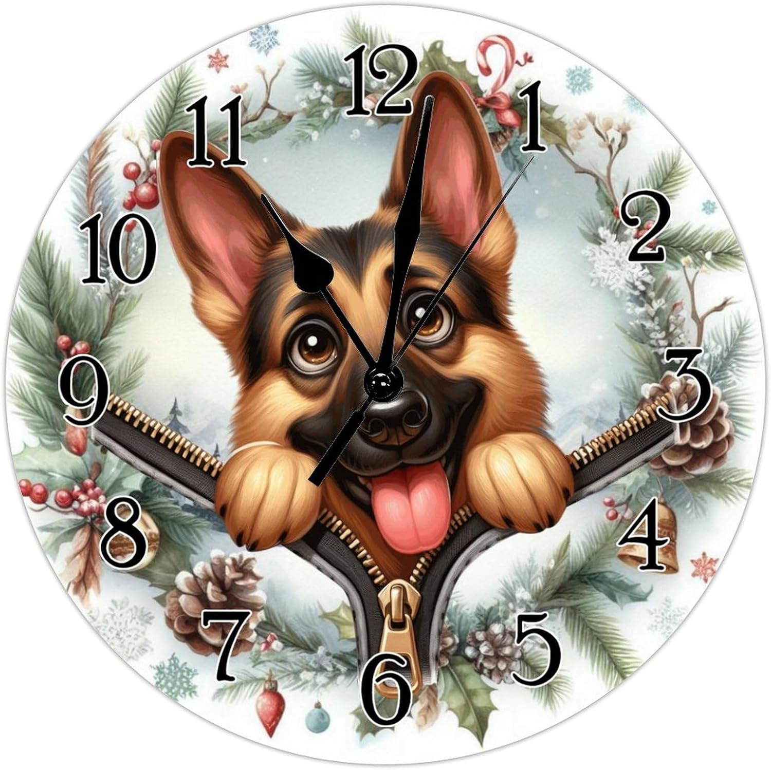 Wood Clock German Shepherd Wood Wall Clock German Shepherd Funny Zipper Peeking Dog Wooden Decorative Clocks Non-Ticking Battery Clock Dog Owner Gift Clocks for Living Room 12x12in