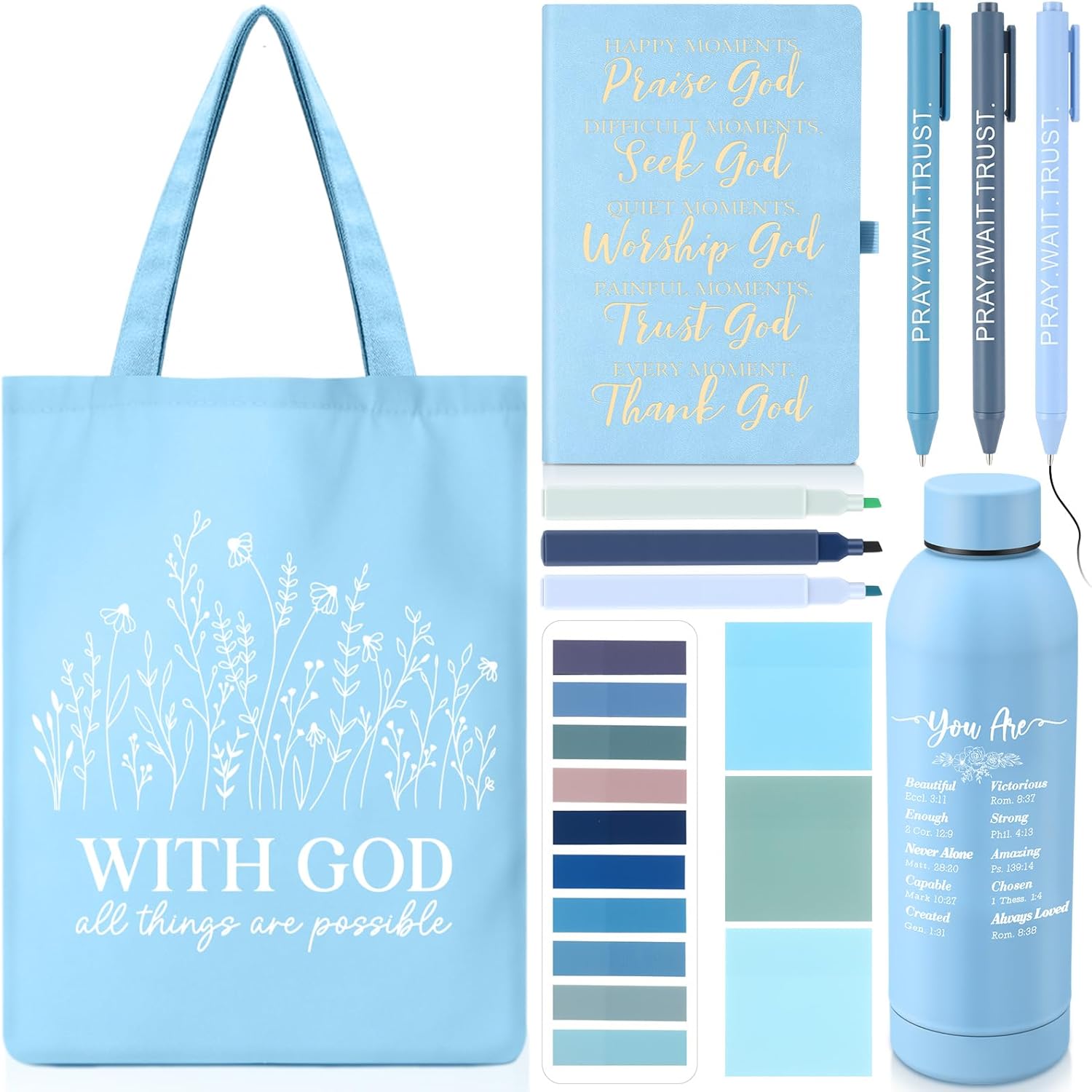 Sayglossy 11 Pcs Christian Gifts for Women Set, Bible Study Journal Kit with Tumbler, Notebook, Highlighter, Bag, Mothers Day Religious Gift Faith Encouragement for Mom Birthday Church Teacher(Blue)
