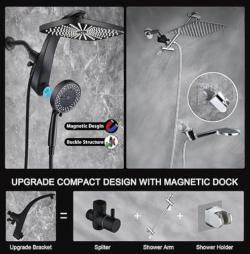 Miniatura 5 de High Pressure Rain Shower Head Upgrade Shower Heads with Handheld Spray Combo with Fixed Showerhead and 10 Sprays Handheld Shower Head, Detachable