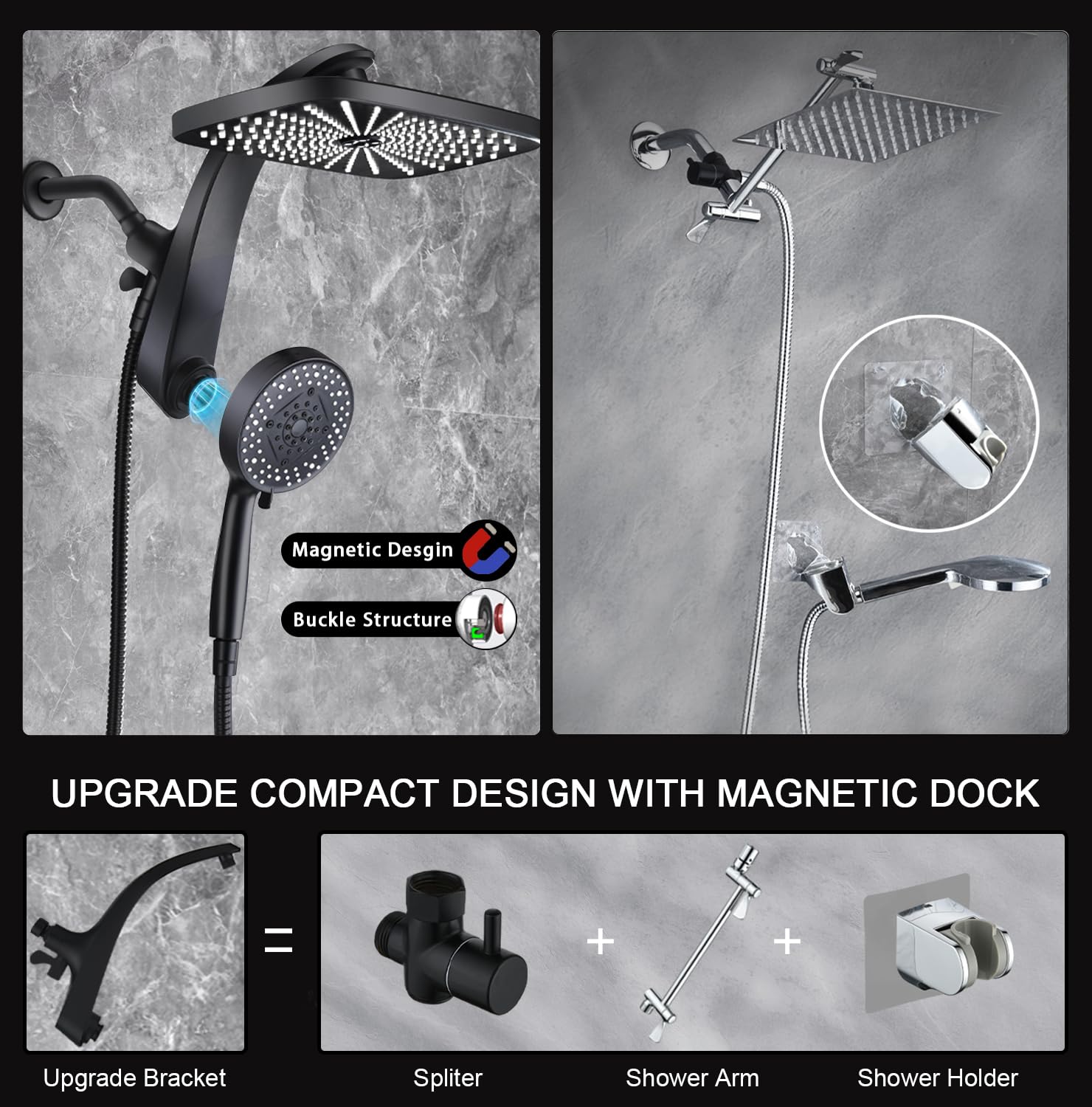 High Pressure Rain Shower Head: Upgrade Shower Heads with Handheld Spray Combo with Fixed Showerhead and 10 Sprays Handheld Shower Head, Detachable Showerheads Built-in Magnetic Docking and Power Jets: Black 2.5GPM