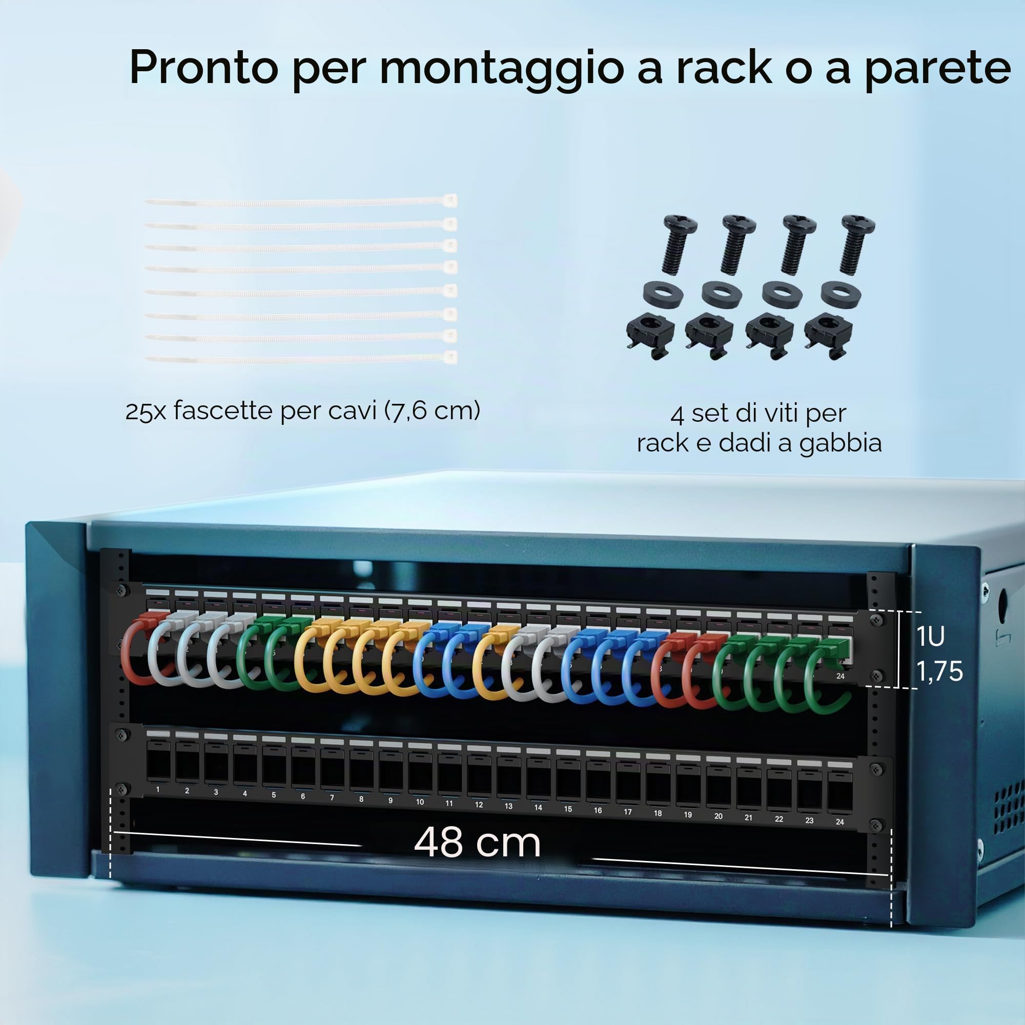 Cable Matters Pannello patch Keystone 1U a 24 porte con gestione dei cavi e barra di supporto (pannello patch vuoto da 19 pollici per jack Keystone/pannello Keystone)