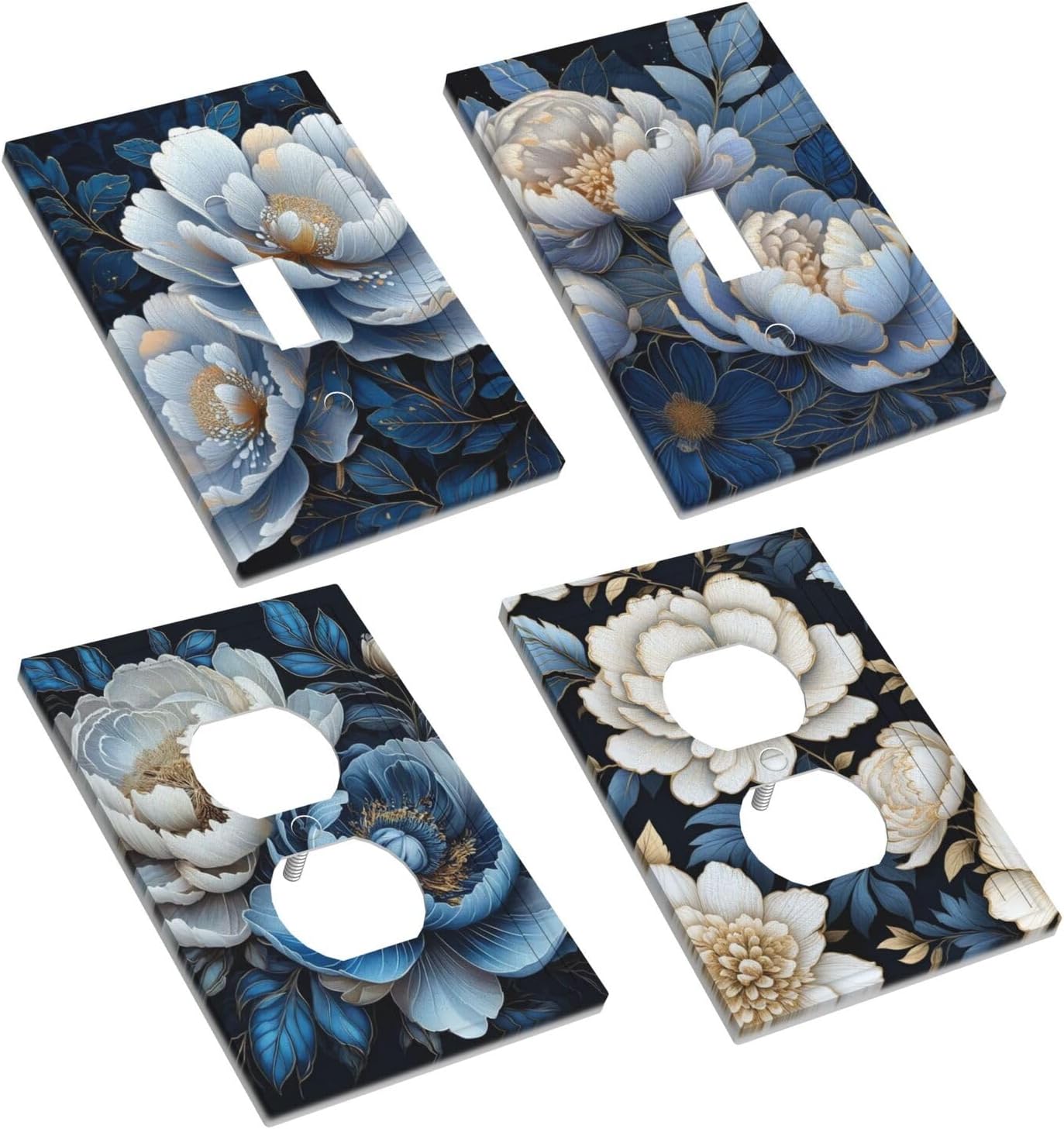 Decorative Art Light Switch Covers Blue Blooming Flowers 1 Gang Single Toggle Single Duplex Outlet Wall Plate Switchplate Electrical Faceplate 4 Packs Combination Design