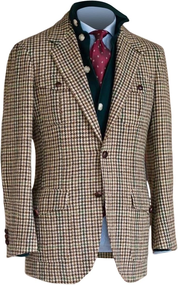 Men Tweed Blazer Herringbone Sport Jackets Wool Blend Casual Single Breasted Slim Vintage British Norfolk Jacket
