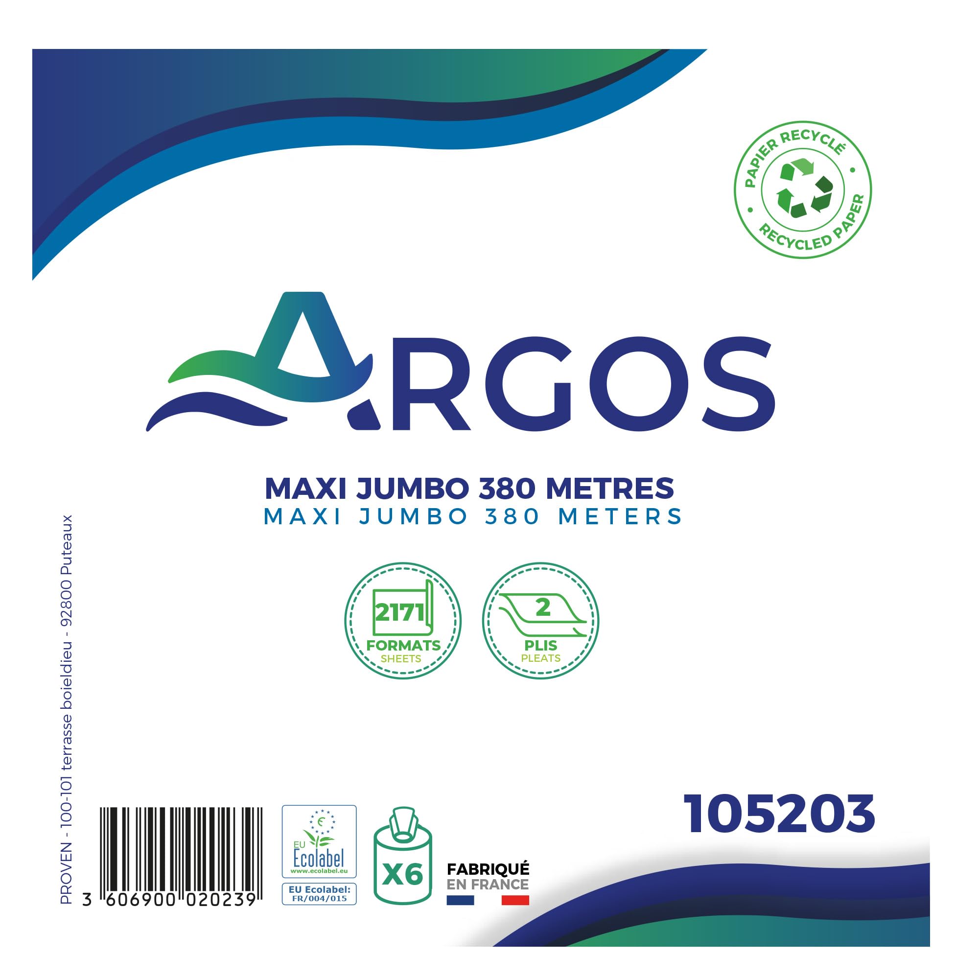 ARGOS - Papier toilette - Maxi jumbo - Cellulose recyclée - Absorption optimale - Ecolabel - 380M - Fabrication française - 6 Rouleaux
