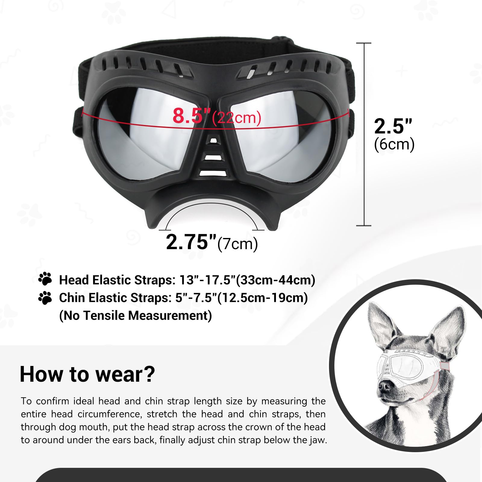 NAMSAN okulary dla psa, okulary przeciwsłoneczne dla psów, ochrona oczu, okulary z regulowanymi zausznikami, modne, dla małych/średnich psów, srebrne