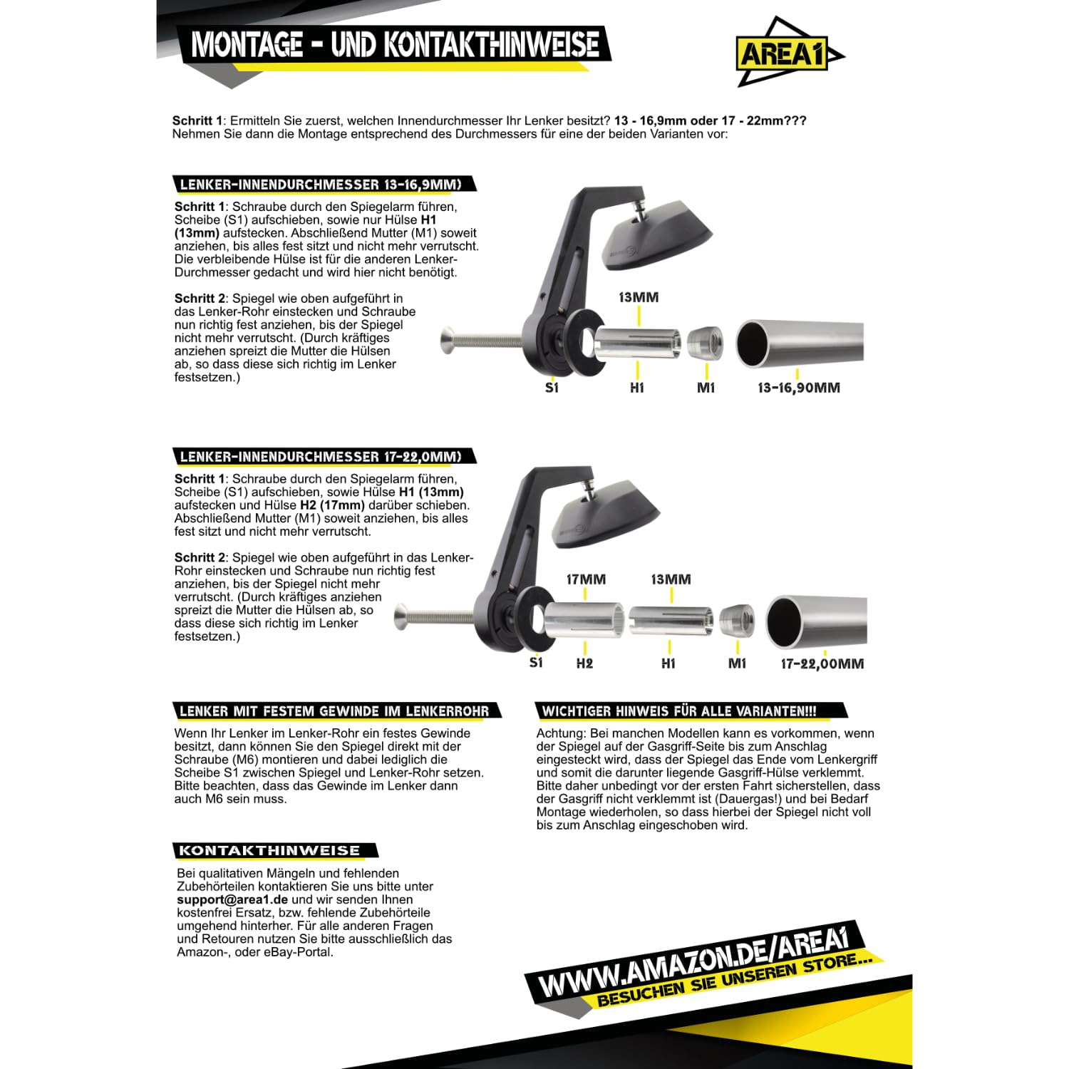 Area1 CNC/Alu Motorrad Lenkerendenspiegel Rückspiegel Set, Egeprüft kompatibel mit z.B. Duke SMC/R MT07 MT09 MT125 Z900 Z650 Z500 Z125 CMX CB Hornet SV650 GSXS GSF Bandit R12 S1000 Tuono RnineT