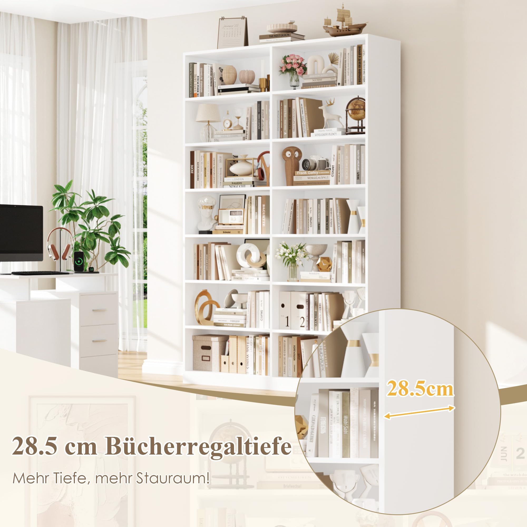 FirFurd Bücherregal 212 cm hoch Bücherschrank mit 14 Fächern weiß