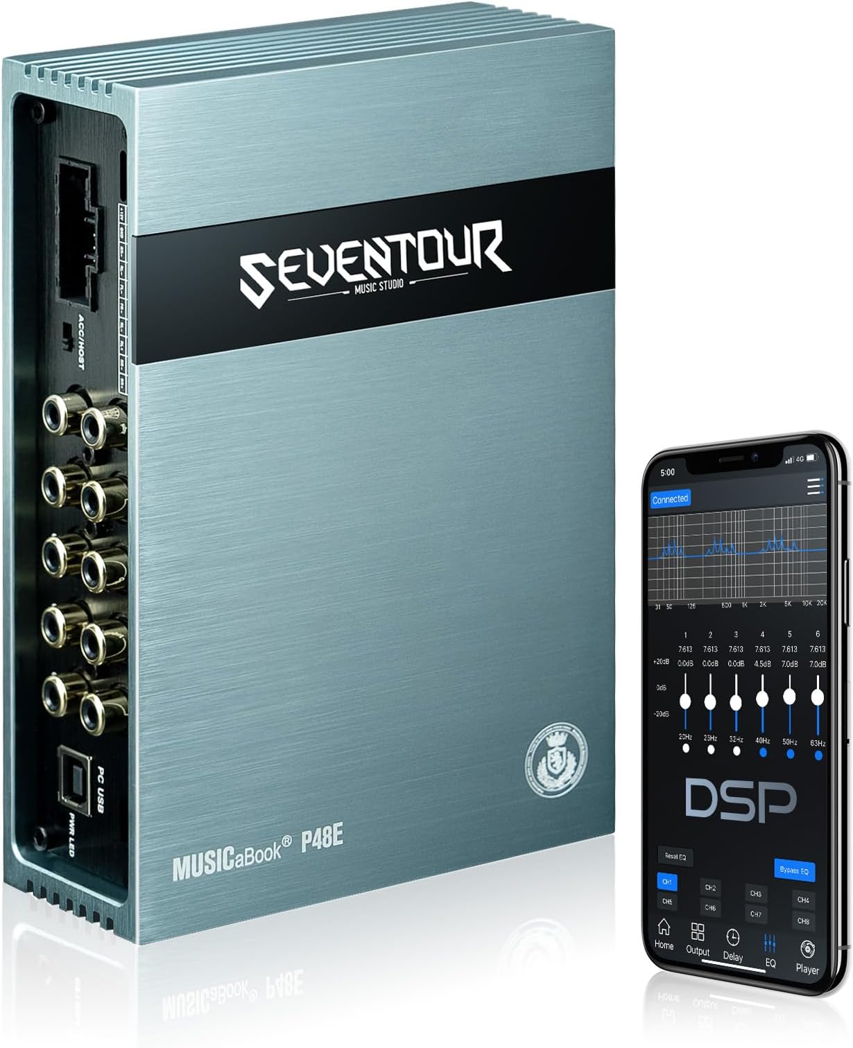 P48E DSP Car Audio Equalizer built-in Amplifier, 31-Band Graphic Equalizers, 8-Channels Output, 4-Channels Input, With APP/PC/Manual Control/Bluetooth/USB/Optical IN,Digital Signal Processor