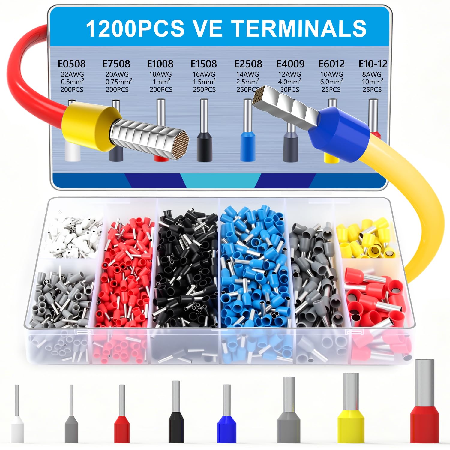 Conectores de virola AWG 22-8 para cableado de panel y mantenimiento eléctrico industrial