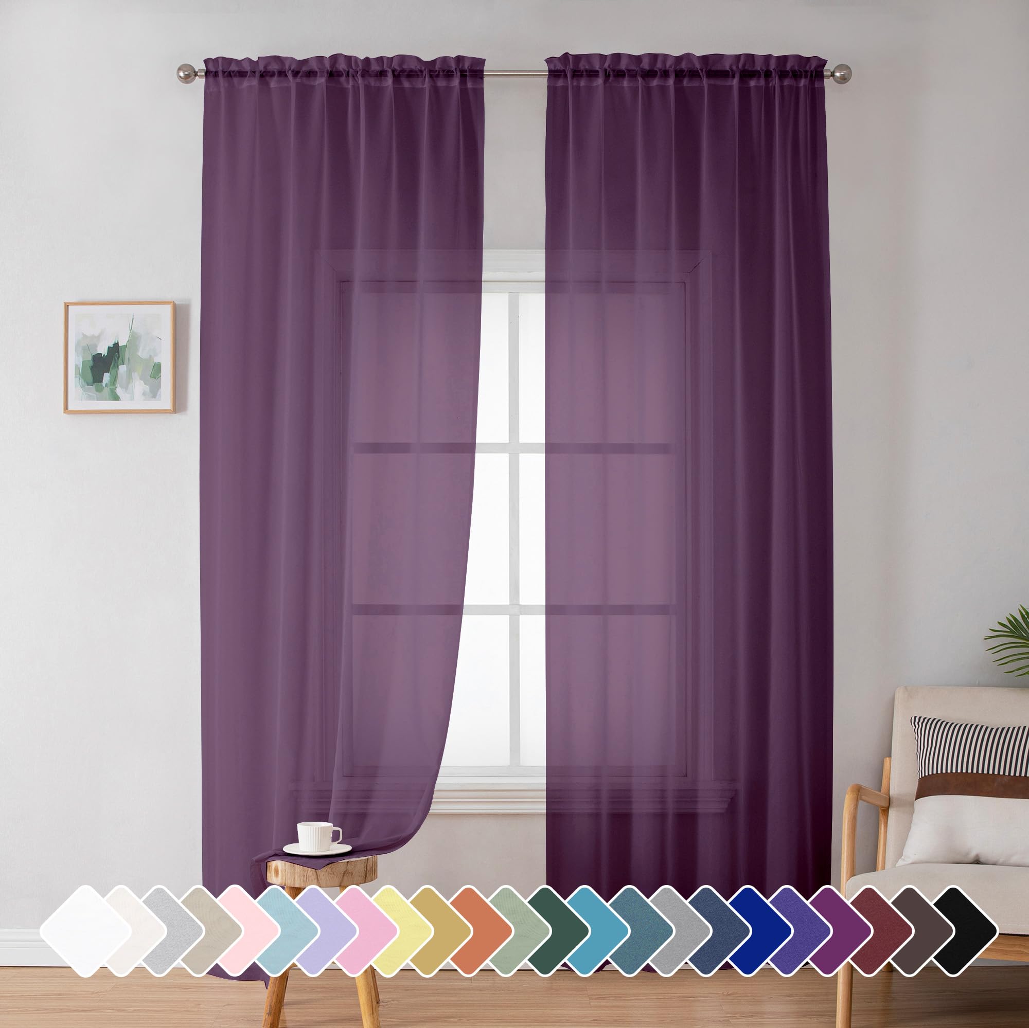 Simplebrand Plum Purple Sheer Curtains 72 Inches Long 2 Panels for Bedroom