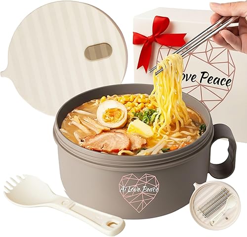 AI LOVE PEACE Tazón para ramen, 40 onzas, para cocinar fideos en microondas para ramen, Pho, sopa y pasta, apto para lavavajillas y portátil, ideal