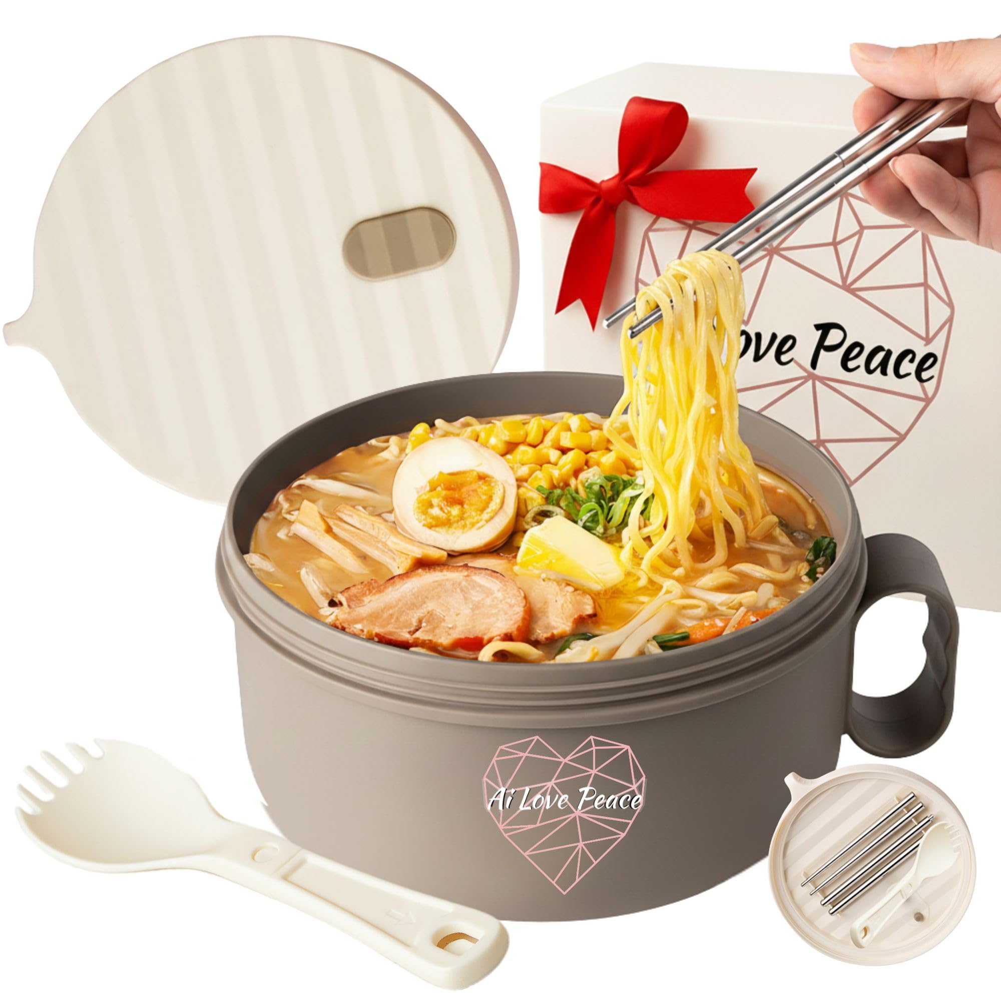 AI LOVE PEACE Microwave Noodle Bowl, BPA-Free 1200ml Soup Mug with Handles, Portable Ramen Container for Students & Offices, Beige