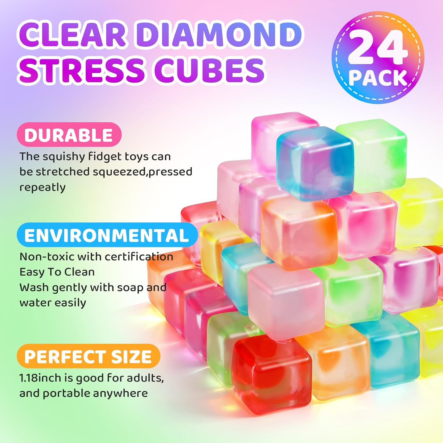 24 Pack Stress Cube, Mini Ice Cube Squishy Squeeze Stress Balls for Anxiety | Slow Rise Nice Squishy Cube for Adults Kids , Bulk Taba Squish Fidget Toys for Classroom Prizes Party Favors