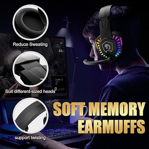Miniatura 2 de MANBASNAKE Auriculares para juegos para PS4, PC, Xbox One PS5, auriculares con cancelación de ruido sobre la oreja con micrófono ajustable, luz RGB
